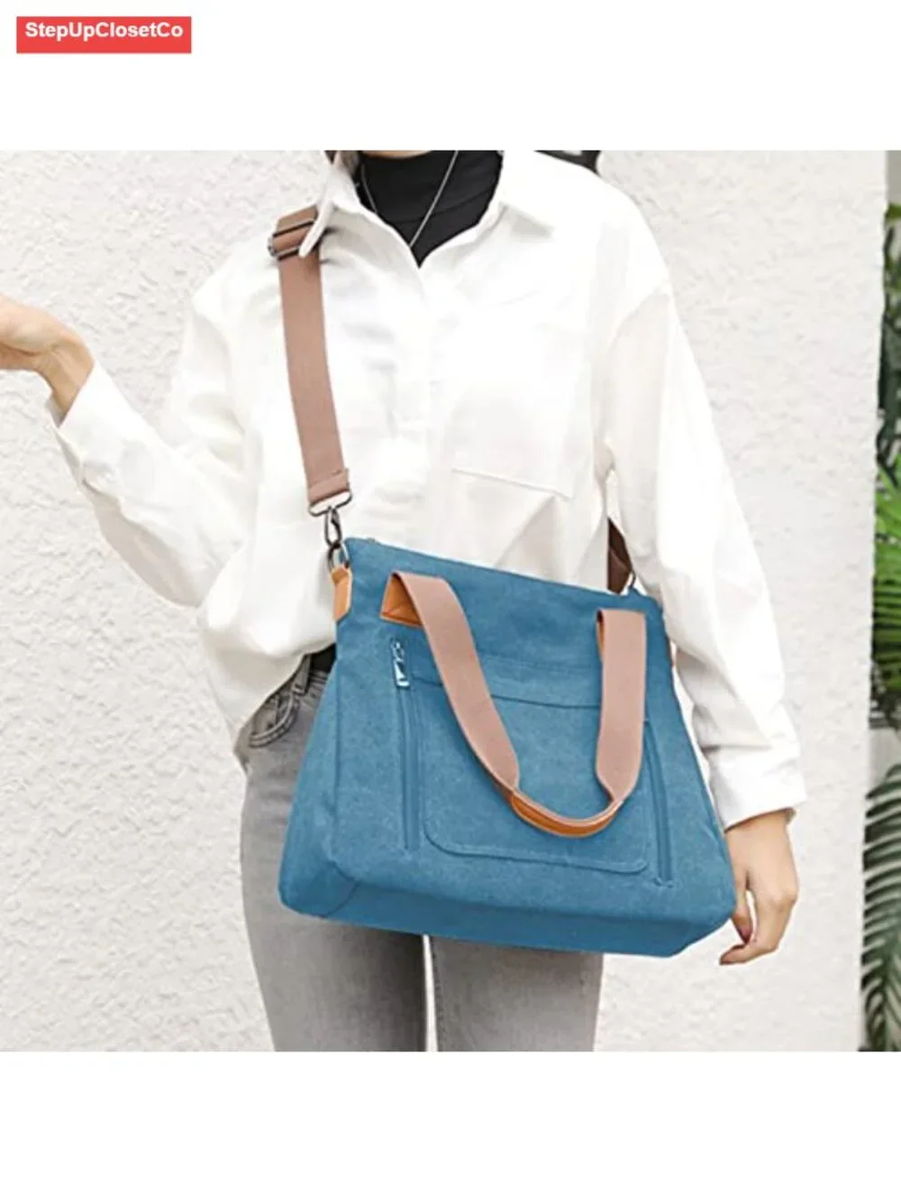 Canvas Tote Bag Multi-Pocket Work Shoulder Crossbody Handbag Large Capacity